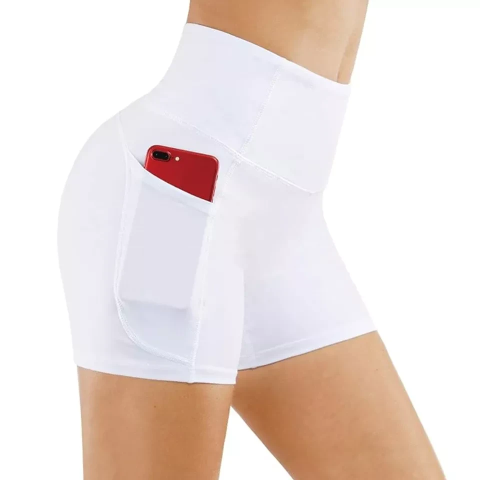 High Waist Yoga Shorts for Women's Tummy Control Fitness Athletic Workout Running Shorts with D
