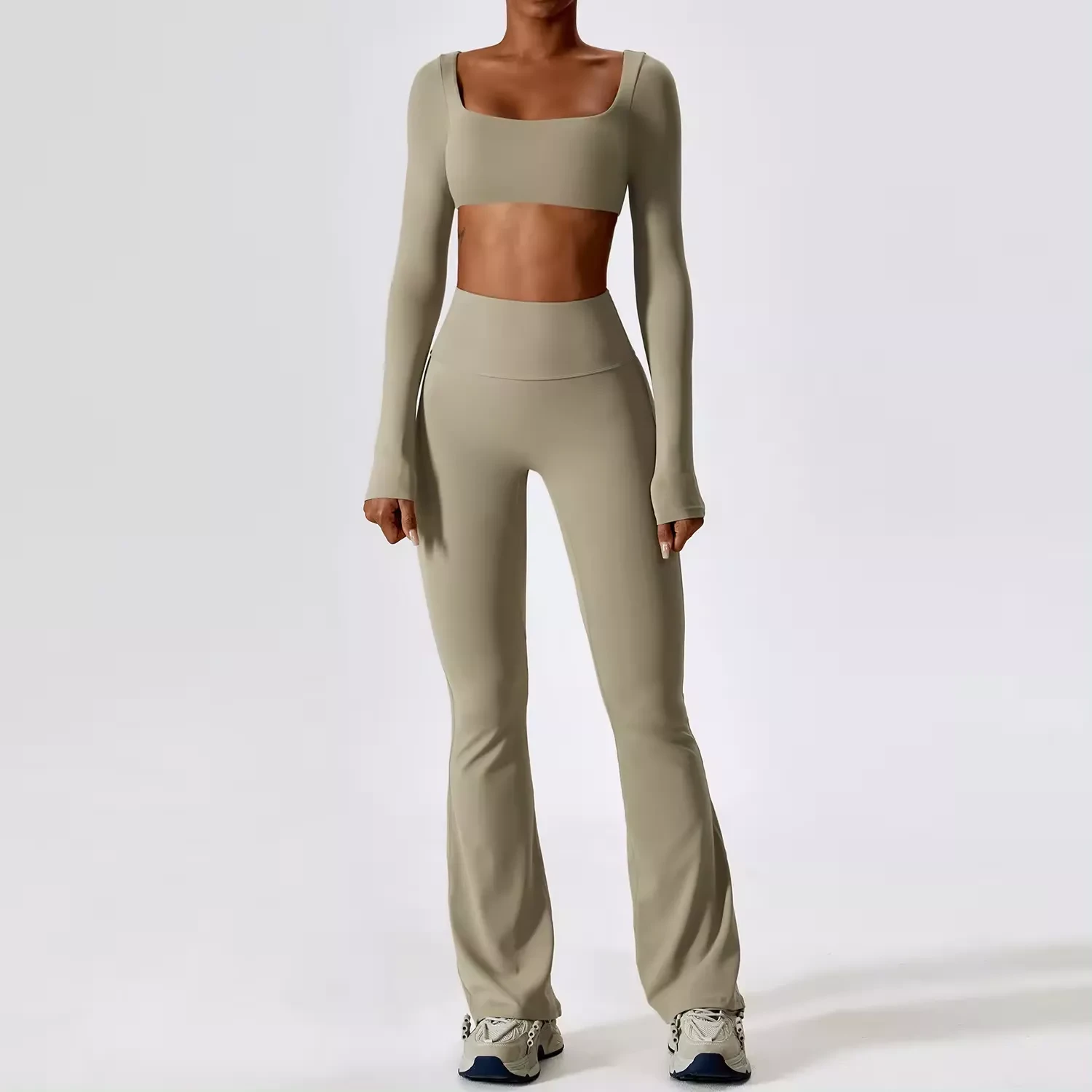Autumn Pit Stripe Long Sleeve Slim Outfit Casual Solid Yoga Fitness Two Piece Sets Women strech Band