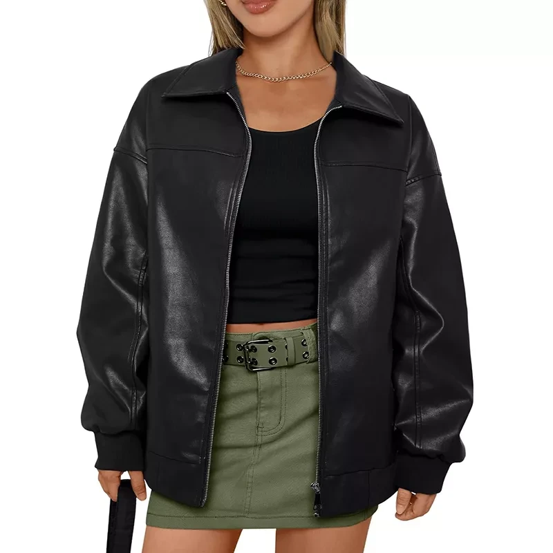 Womens Oversized Leather Jackets Zip Up Coats Faux Motorcycle Bomber Outfits Fall Trendy Fashion Win
