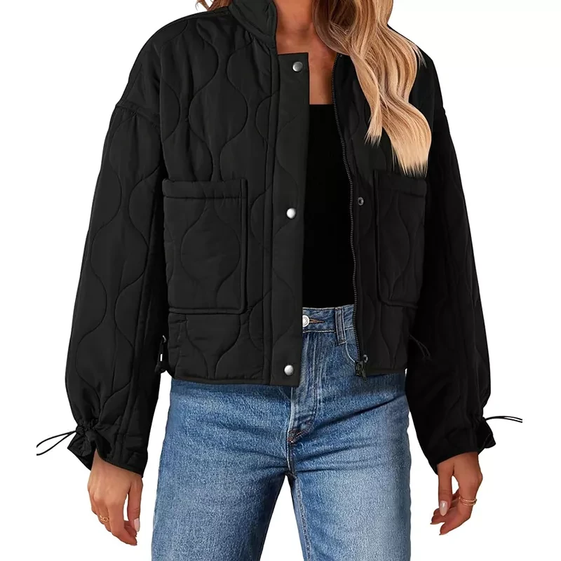 Women's Cropped Zip-Up Bomber Jackets Warm Quilted Long Sleeve Stand Neck Winter Coats