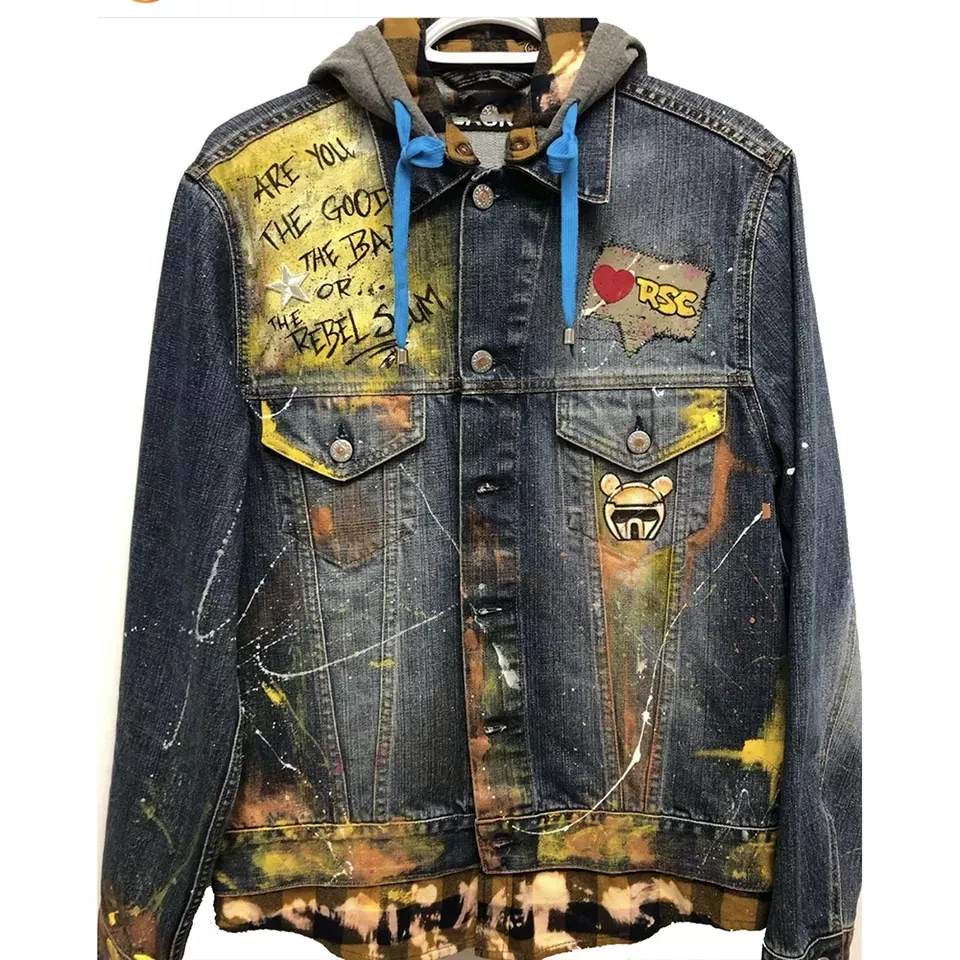 Vintage denim black acid wash jeans coat streetwear mens jacket