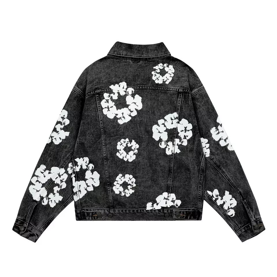 Black cotton wreath flower all over printed streetwear unisex denim jeans jacket
