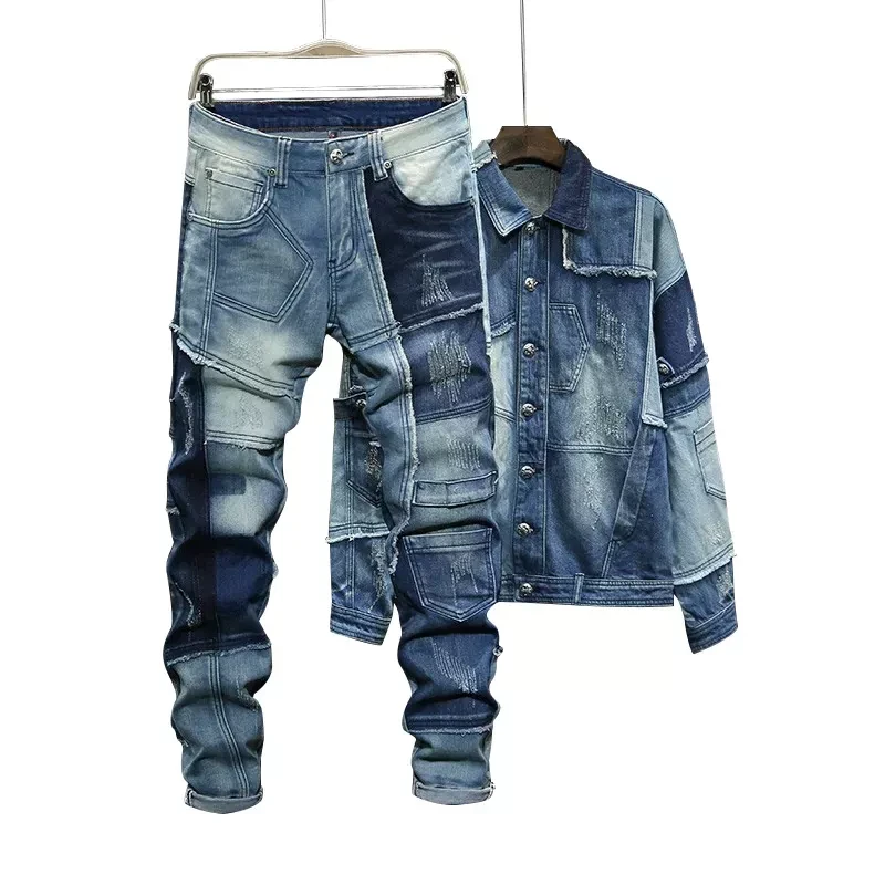 Autumn mens loose 2Pcs set long sleeve jeans jackets stylish denim jacket and pants