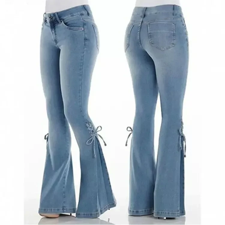 Denim flare pants women lace up slim-fit stretch jeans wide leg trousers