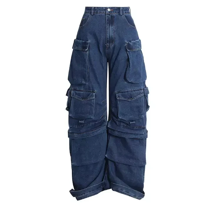 Baggy multiple pockets stacked ladies denim jeans cargo pants jeans