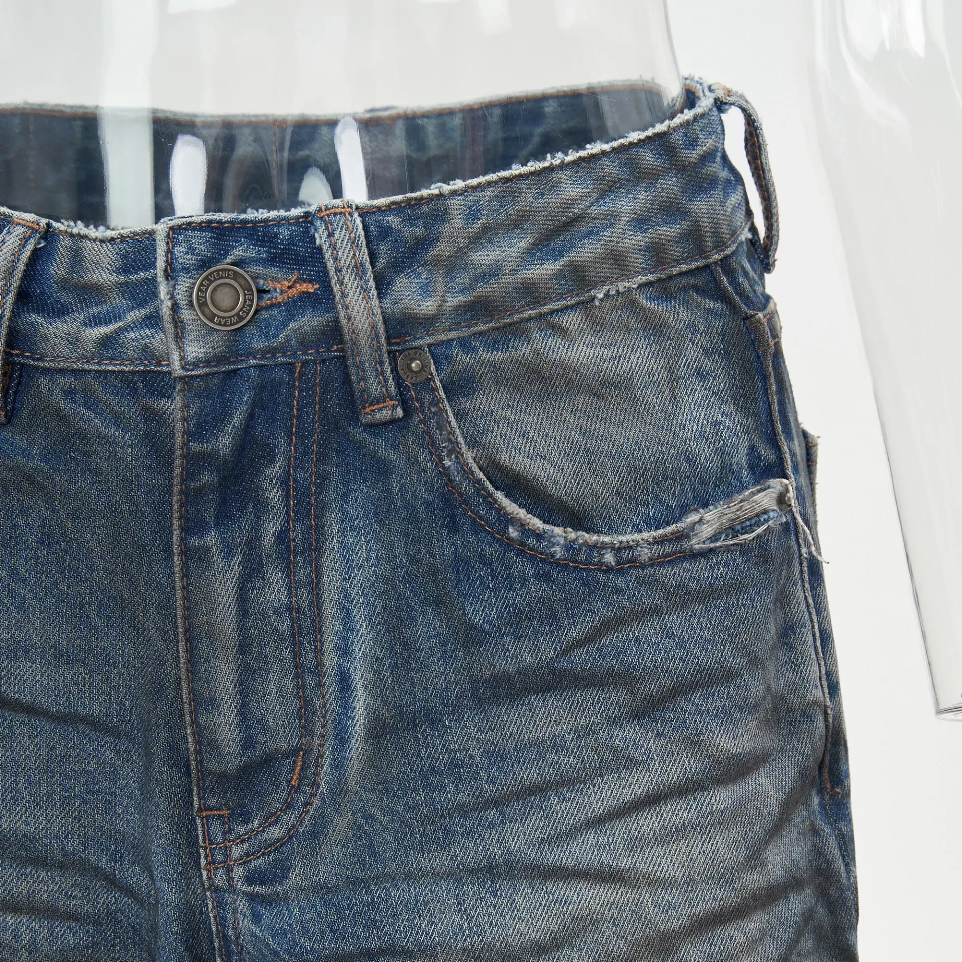 Custom 100% Cotton Washed Straight Leg Loose Blue Jeans Retro Fashion Casual Leg Wide Trendy Jeans F