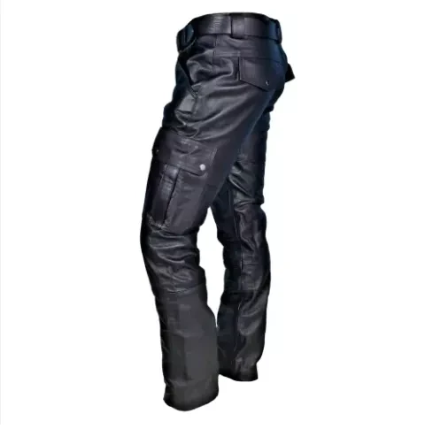 Leather Bikers Long Pants With Cargo Pockets Black Black Soft Men Pant Casual Trouser