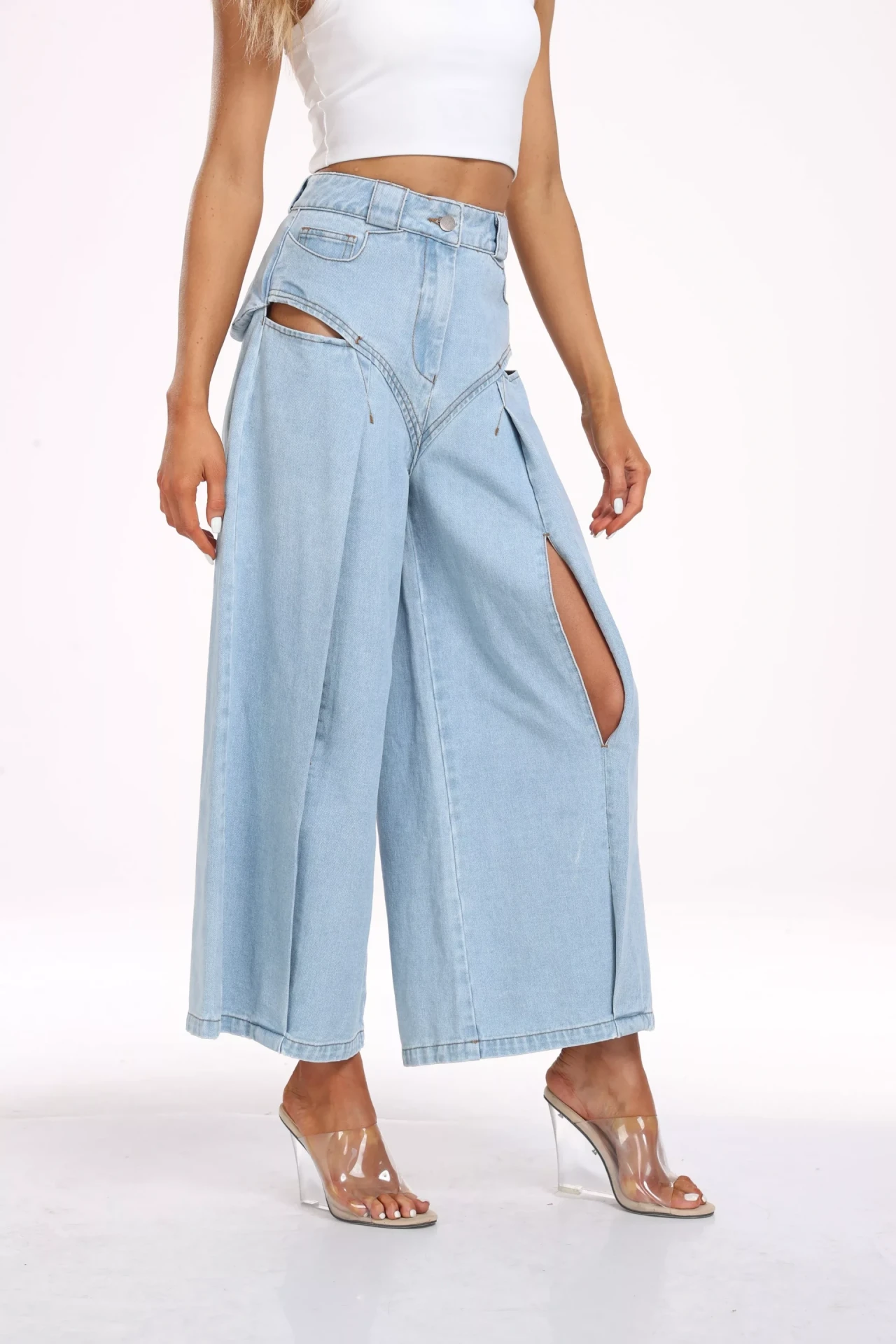 Light blue acid wash women's jeans tattered loose fit Ladies jeans