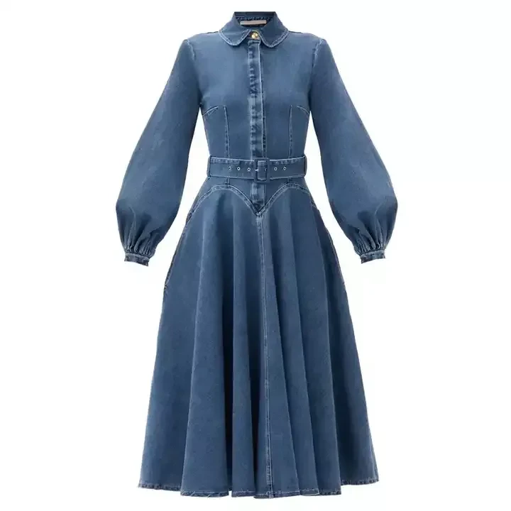 Balloon sleeve denim dress custom belted long dress OEM fashion denim Summer Custom Logo dress
