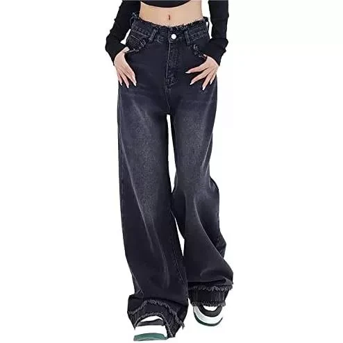 OEM Service Custom Extra Long Jean Pants Black Women High Waist Pockets and Trouser Legs Raw Edge De