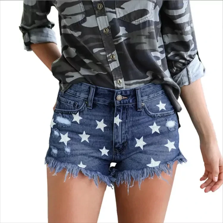 Short jeans wide leg elastic waist high waist shorts women summer jeans Custom Logo Print or Embroid