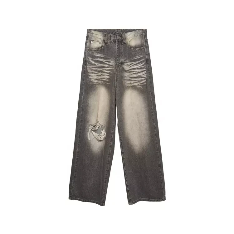 Summer Ladies Retro American Ripped Cargo Jeans Old Loose Straight Trousers with Color Wash Fried St