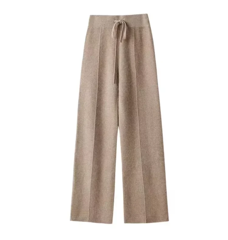 Winter Solid Elastic Ankle-length trousers Cashmere Wide Leg Belted Long Pants trousers
