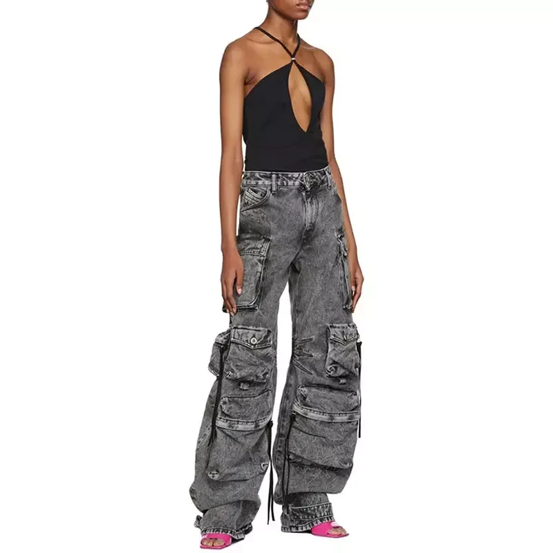 Women casual jeans trends denim high waist cargo pants streetwear