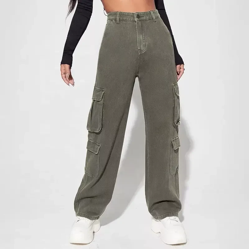 Women's jeans cargo pants high waist flap pocket cargo denim jeans