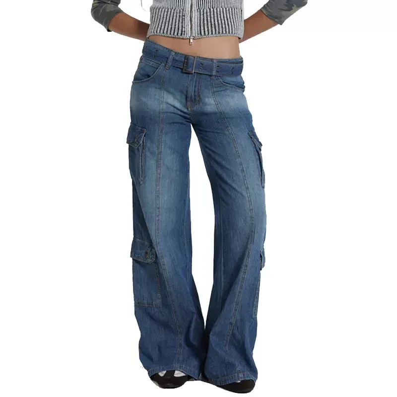 Womens multi pocket utility non-stretch blue denim cargo jeans