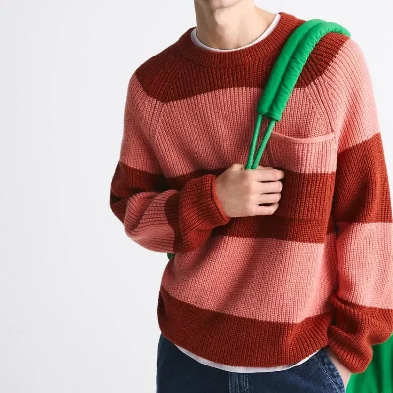 Men wool sweater pullover crew neck raglan sleeve contrast striped pullover Latest