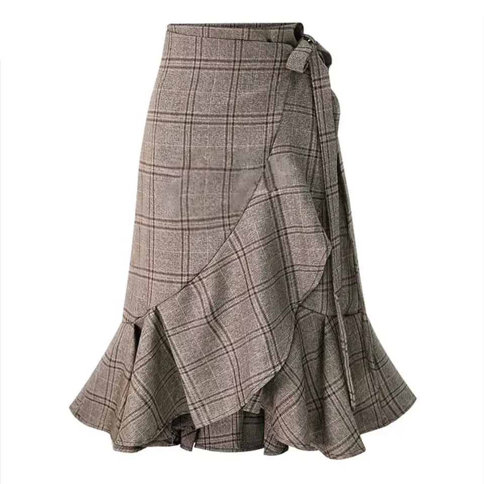 Women's retro plaid high waist slim irregular fishtail skirt casual skirt dress women clothing