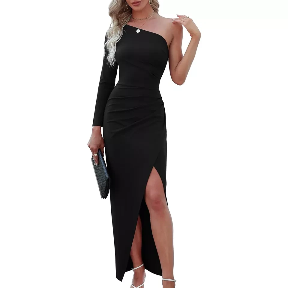 Women's one-shoulder Long sleeve Cocktail dress Sexy slim pleated wrap split party formal dress