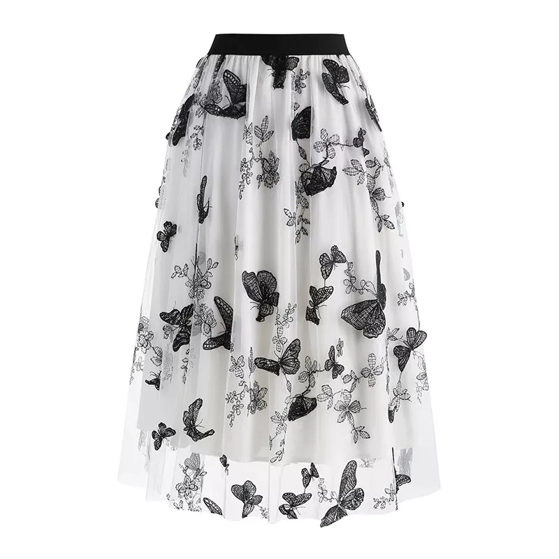 Women's Mesh Overlay High Waist Casual Formal Flare Midi Skirt