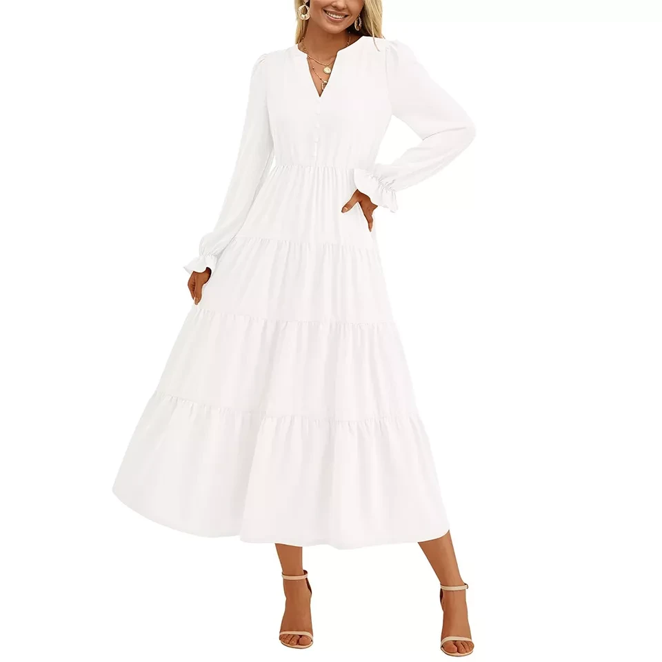 Women's Fall Dress Long sleeve V-neck Layered flanged A-line cocktail dress