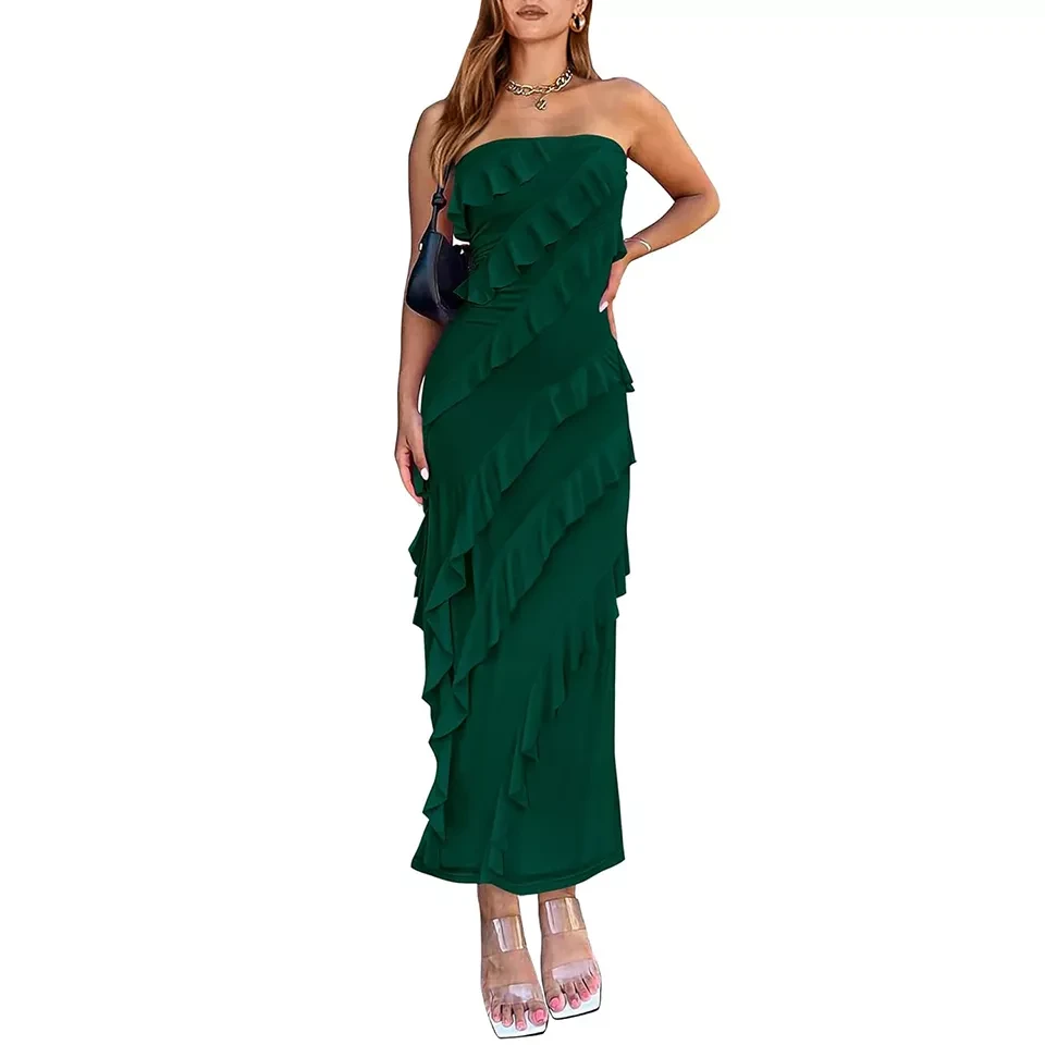 Women Summer Elegant Strapless Midi Ruched Bodycon Dress Solid Color Stretch Mesh Slim Party Cocktai