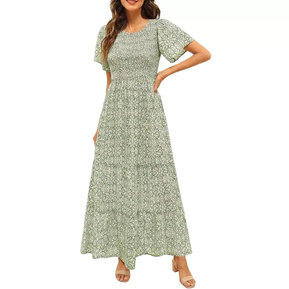 Women Summer Dress Round Neck Flutter Short Sleeve Smocked Ruffle Tiered Floral Maxi Dress 2024