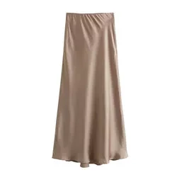 Women 2023 Autumn New Fashion Multicolor Satin Midi Skirt Vintage A-Line High-Waisted Female Skirts
