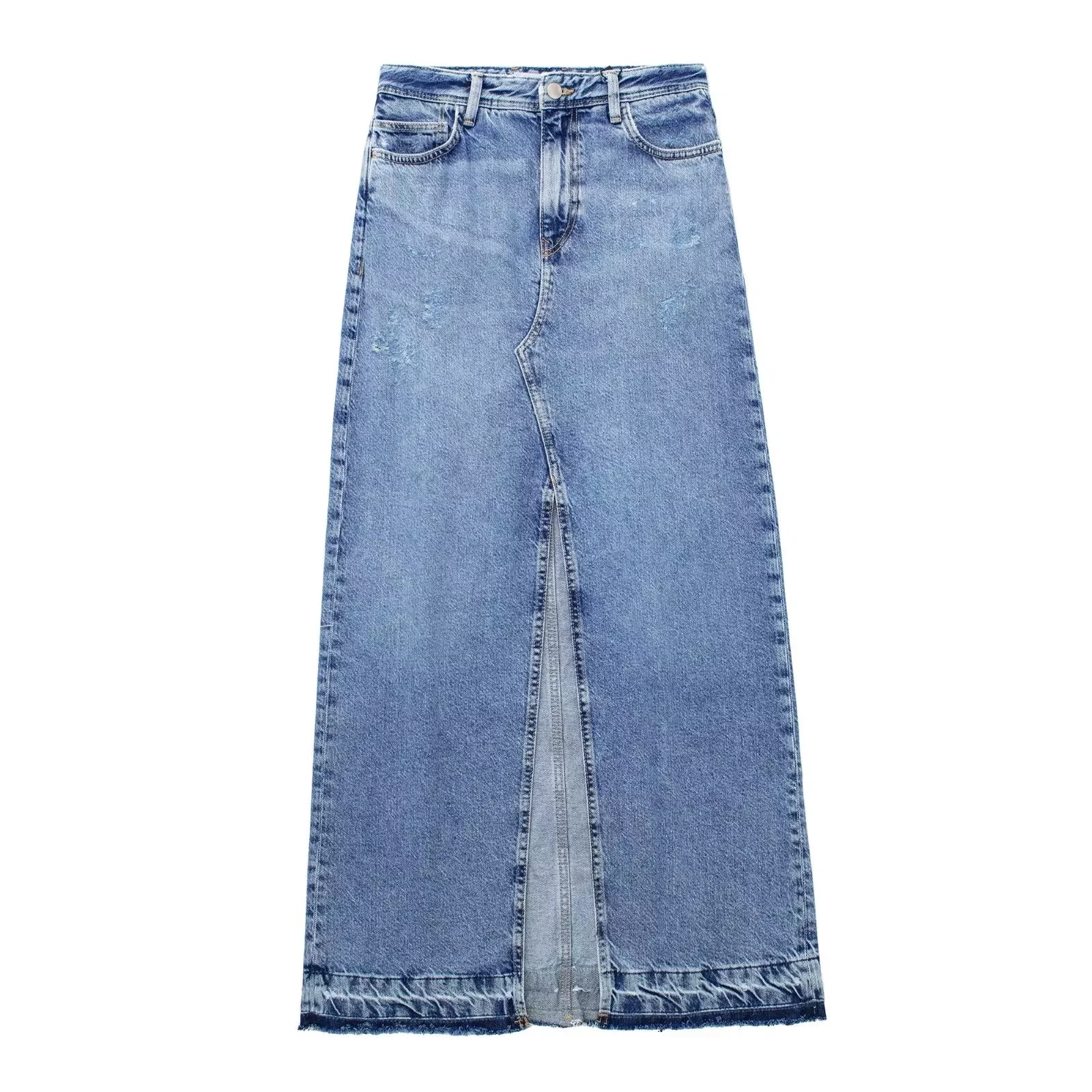 Spring New European American Women's Fashion Mid straight Denim With Front Split Design Skirt
