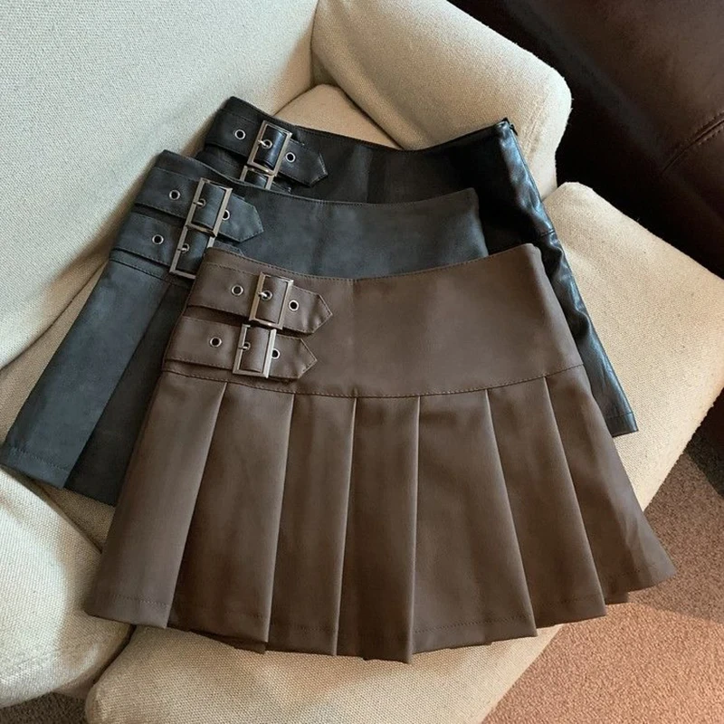 S-3XL Pu Leather Mini Skirts Women Streetwear High Waist Pleated Skirt Vintage Korean Black Slim Cas