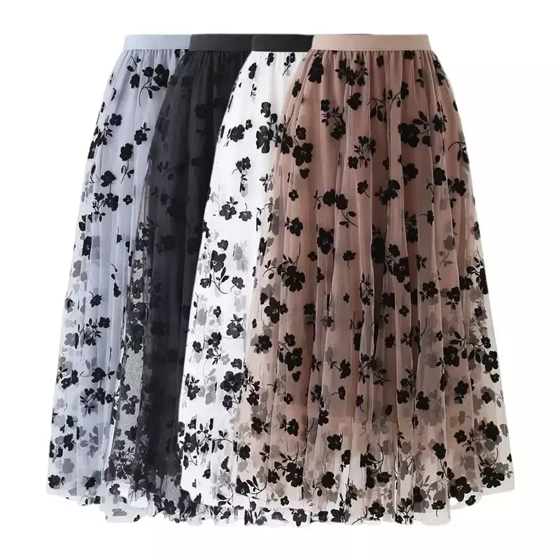 Mesh sexy summer silky flowers elastic ladies ruffle skirt women slim ribbed dress