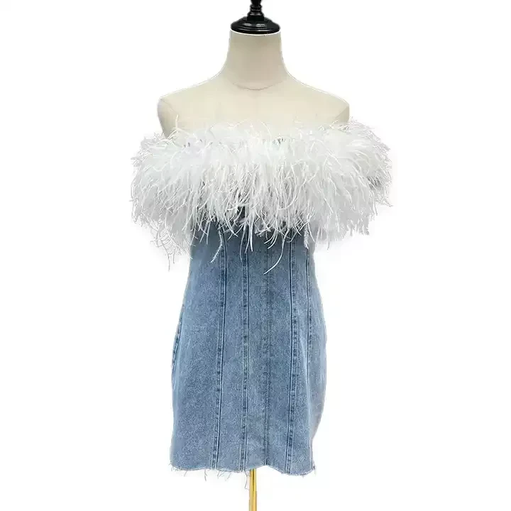Luxury party strapless jean tube denim dress with ostrich feather