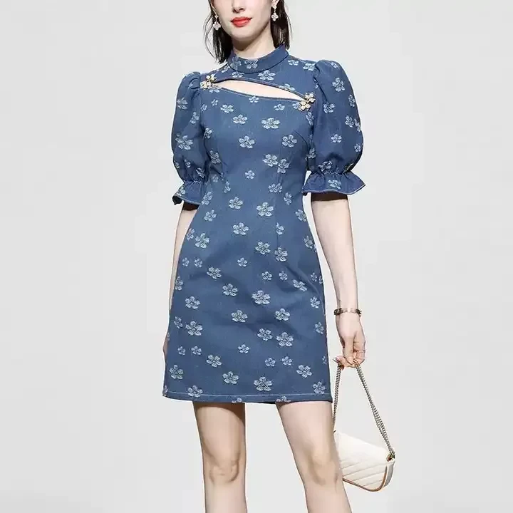 Bubble sleeves waisted slim dress denim dress girl OEM Fashion Summer Custom Logo dress