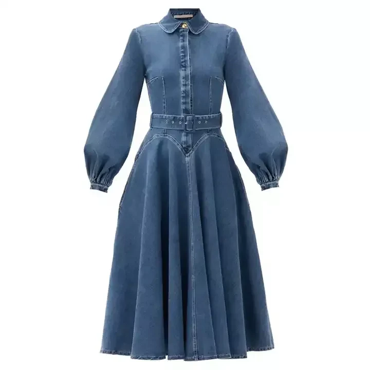 Balloon sleeve denim dress custom belted long dress OEM fashion denim Summer Custom Logo dress
