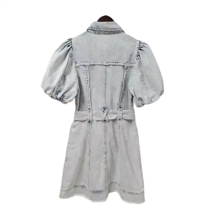 Denim short puff sleeve jeans shirt dress with belt OEM fashion fenim Summer Custom Logo dress
